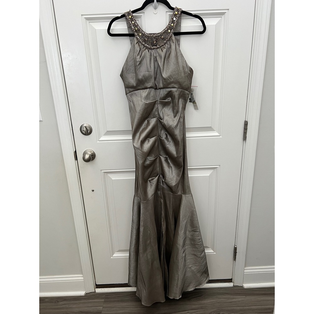 R&M Richards Taupe Metallic Jeweled Neck Ruched Mermaid Evening Gown Dress 14